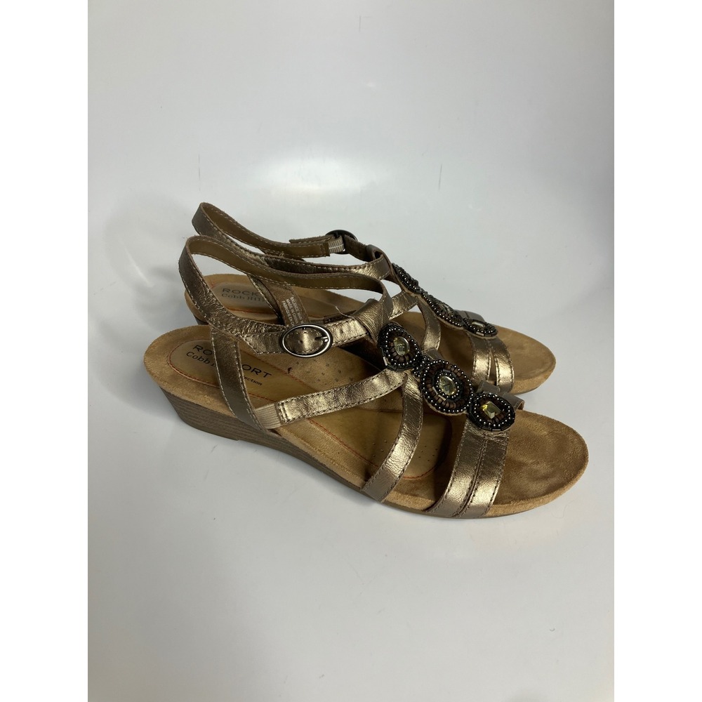 Rockport Cobb Hill Sandals Womens 8 Gold Excellent Beaded Wedge Strappy Jewel